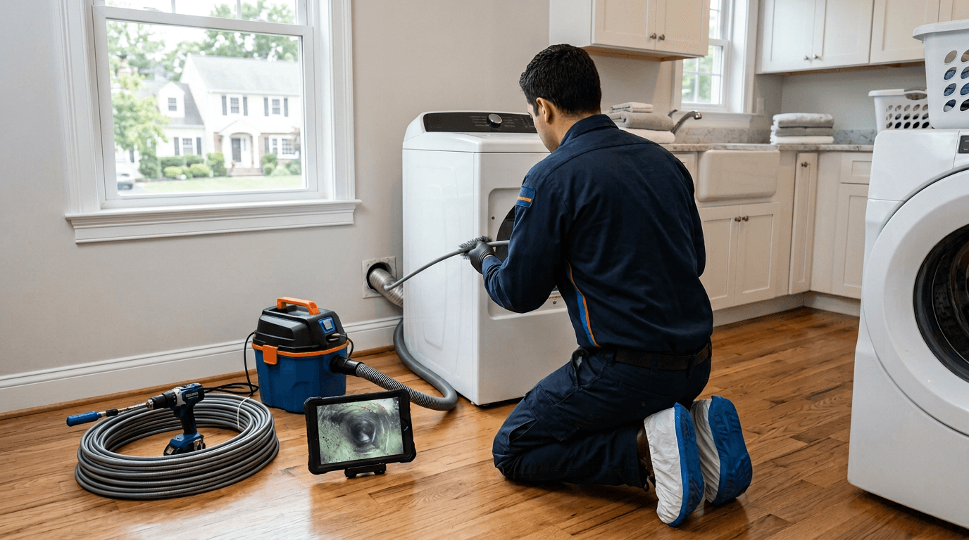 The Dryer Guys technician inspecting a residential dryer vent in a bright laundry room