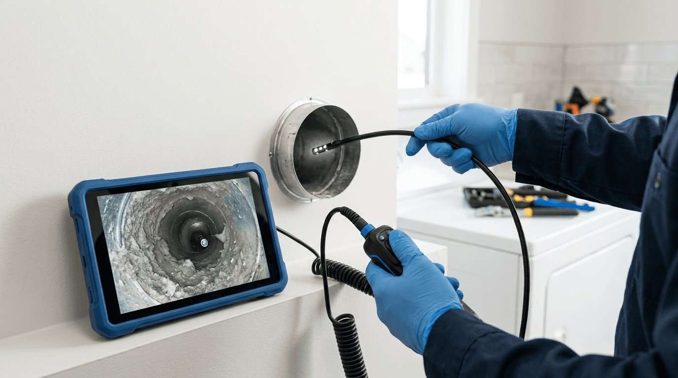Endoscope camera entering a dryer vent with a tablet showing the live feed